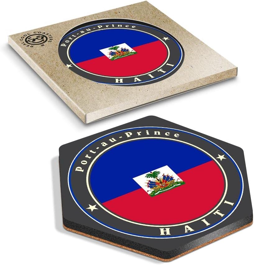 DV DESIGN 1 x Eco Boxed Cork Hexagon Coaster - Haiti Flag Port Au Prince Travel Drink Cup Mug Glass Table Protection Mat #9241