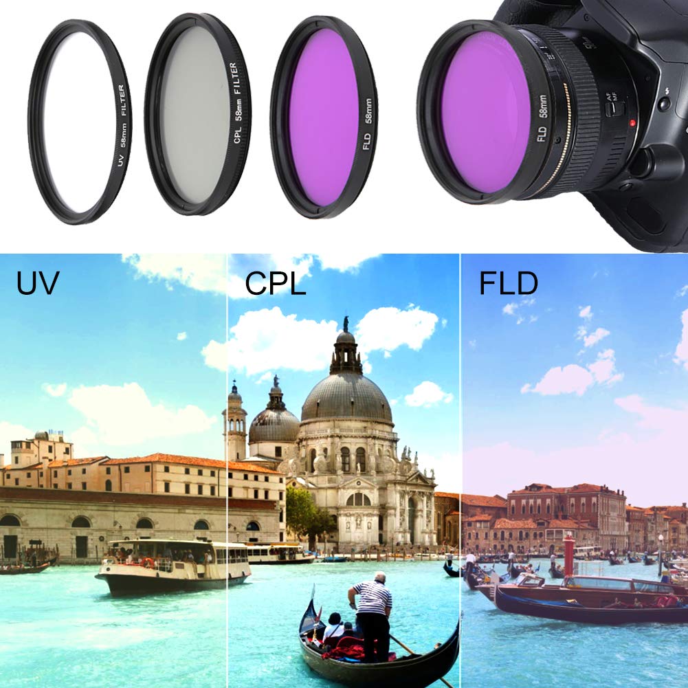 Kit 3 Filtri Per Obiettivo Fotocamera 58mm: UV, CPL E FLD In Vetro Ottico Con Custodia
