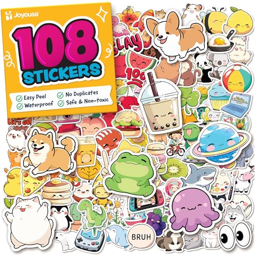 Cute Stickers for Kids - Kawaii Water Bottle Stickers for Teens - 108pc Sticker Pack - Waterproof Vinyl Stickers for Water Bottles, Scrapbook, Laptops, Etc.