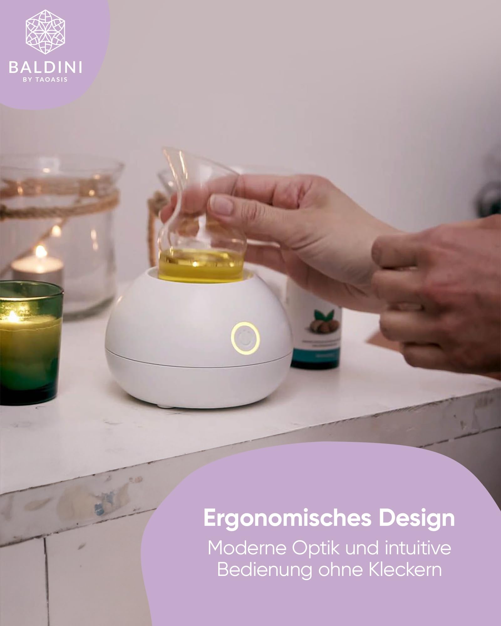 Baldini TaoVeda Massageölwärmer – Elektrischer Massageöl-Erwärmer, 50 ml Glasgefäß, 3 Minuten auf 50 °C