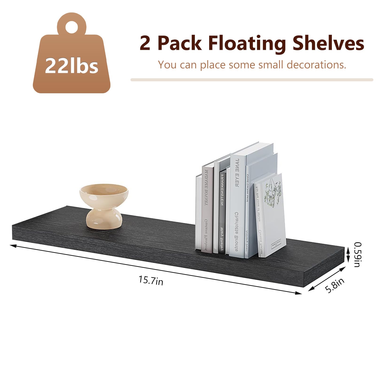ZYNERY 2 Pack Floating Shelves, 40 x 15 x 1.5 cm, Black Floating Shelves for Wall Display Storage Wall Shelves - Image 2
