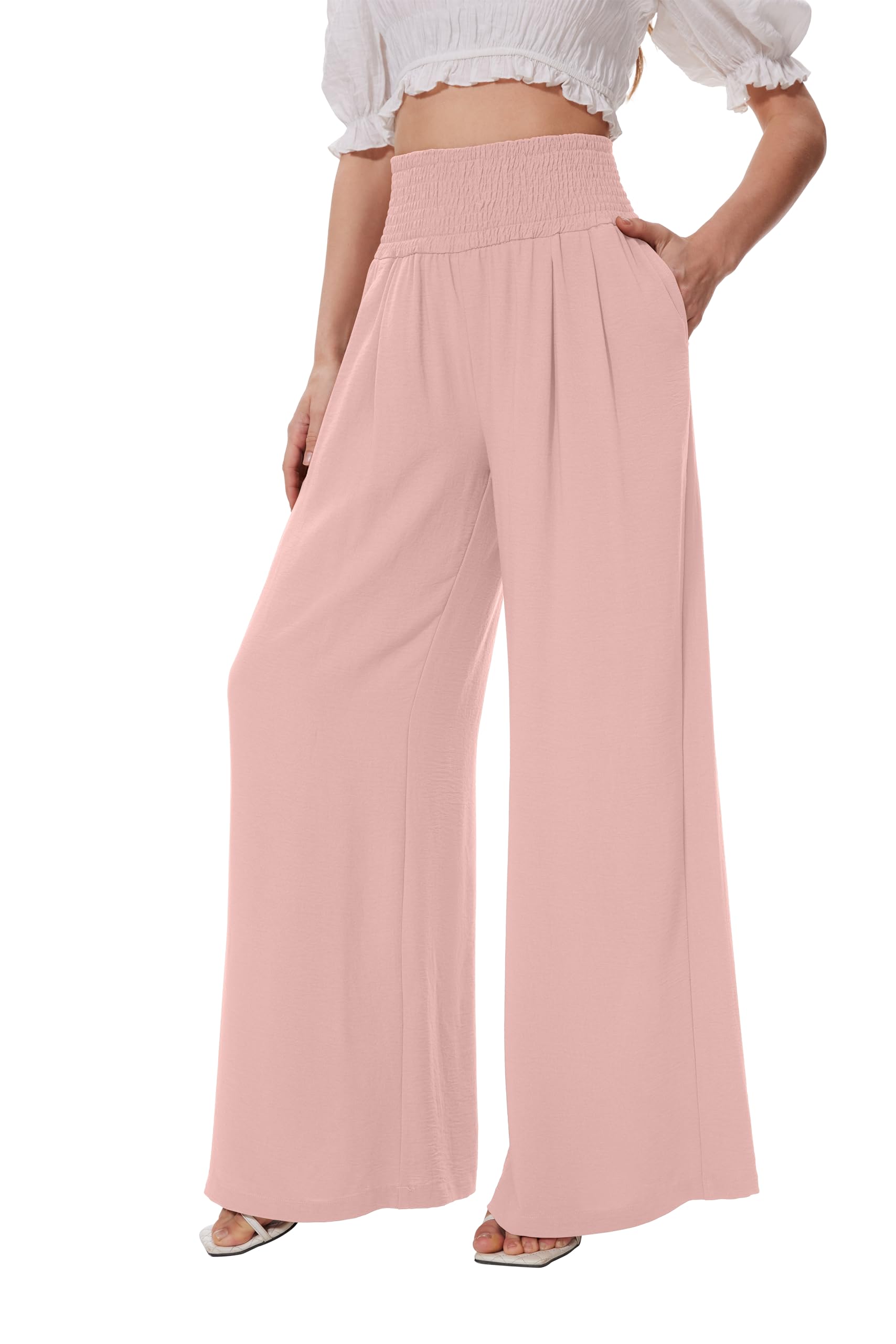 FUNYYZO Women Pull On Pants Elastic Waisted Casual Wide Leg Long Lounge Trousers with Pocket Beach Wear
