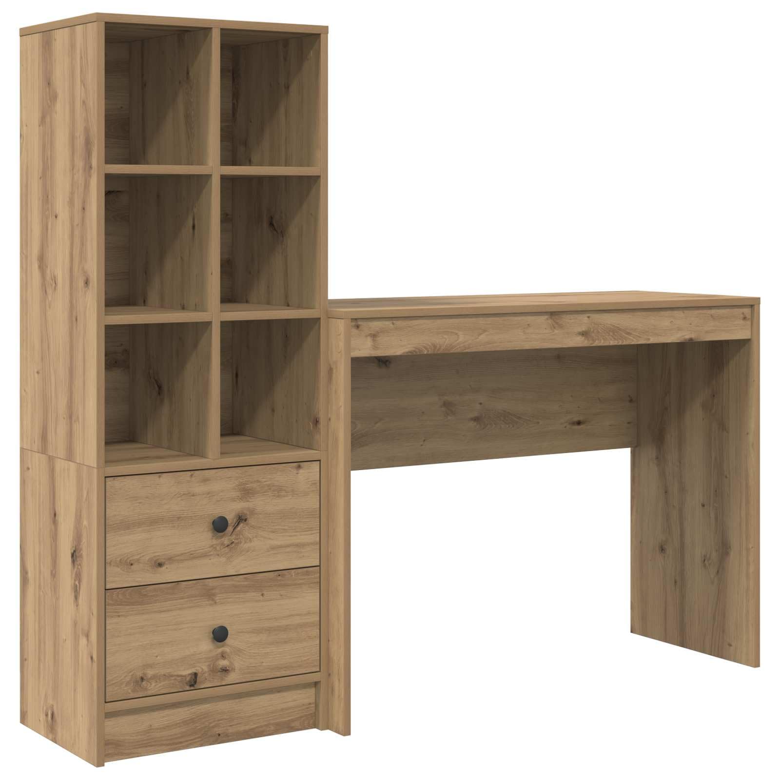 Scrivania in legno di ingegneria marrone con ripiani integrati, ampia superficie per computer e documenti, stile moderno minimalista per ufficio a casa