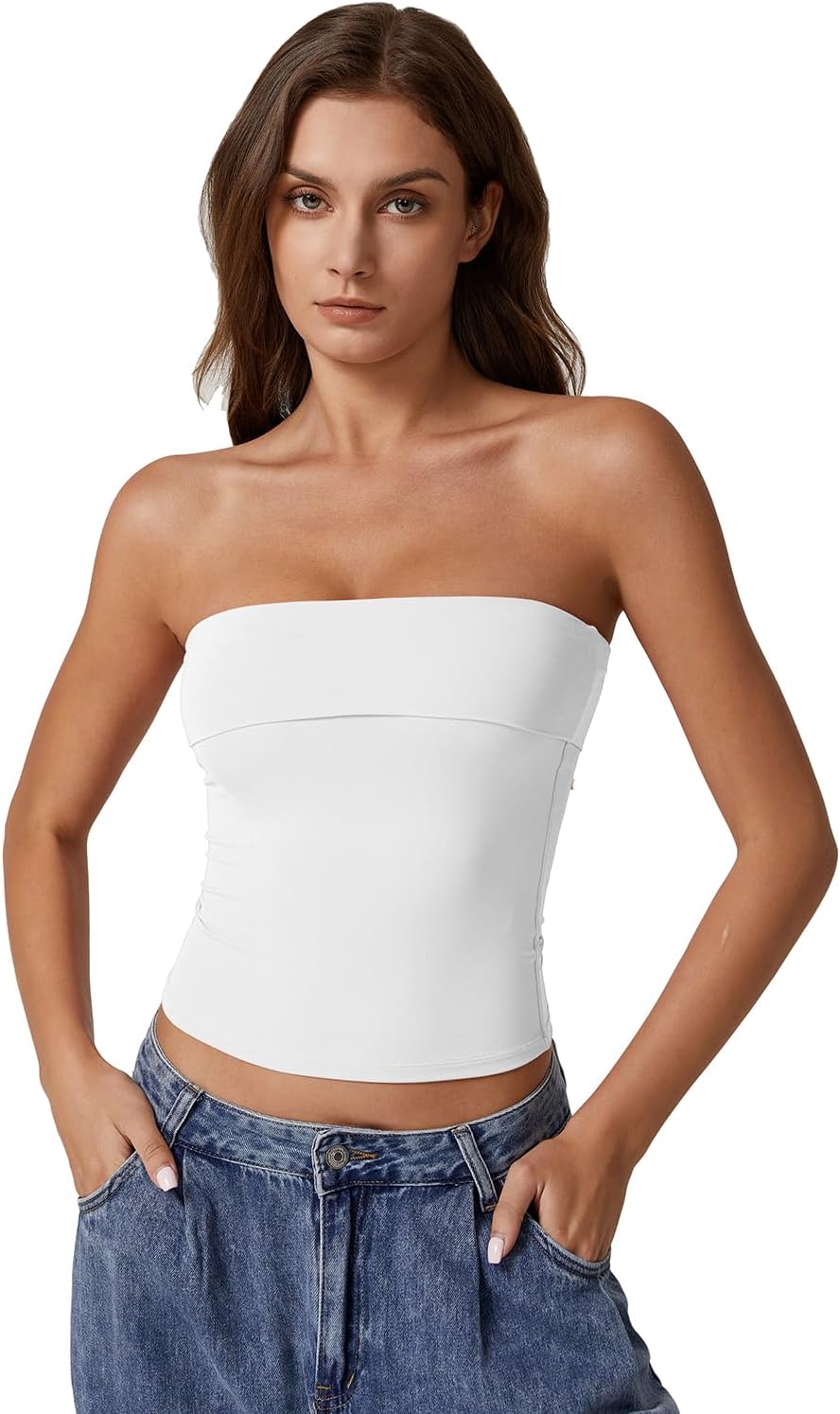 QINSEN Women's Tube Tops Strapless Bandeau Tops Double Lined Slim Fit Summer Going Out Tank Tops - Image 5