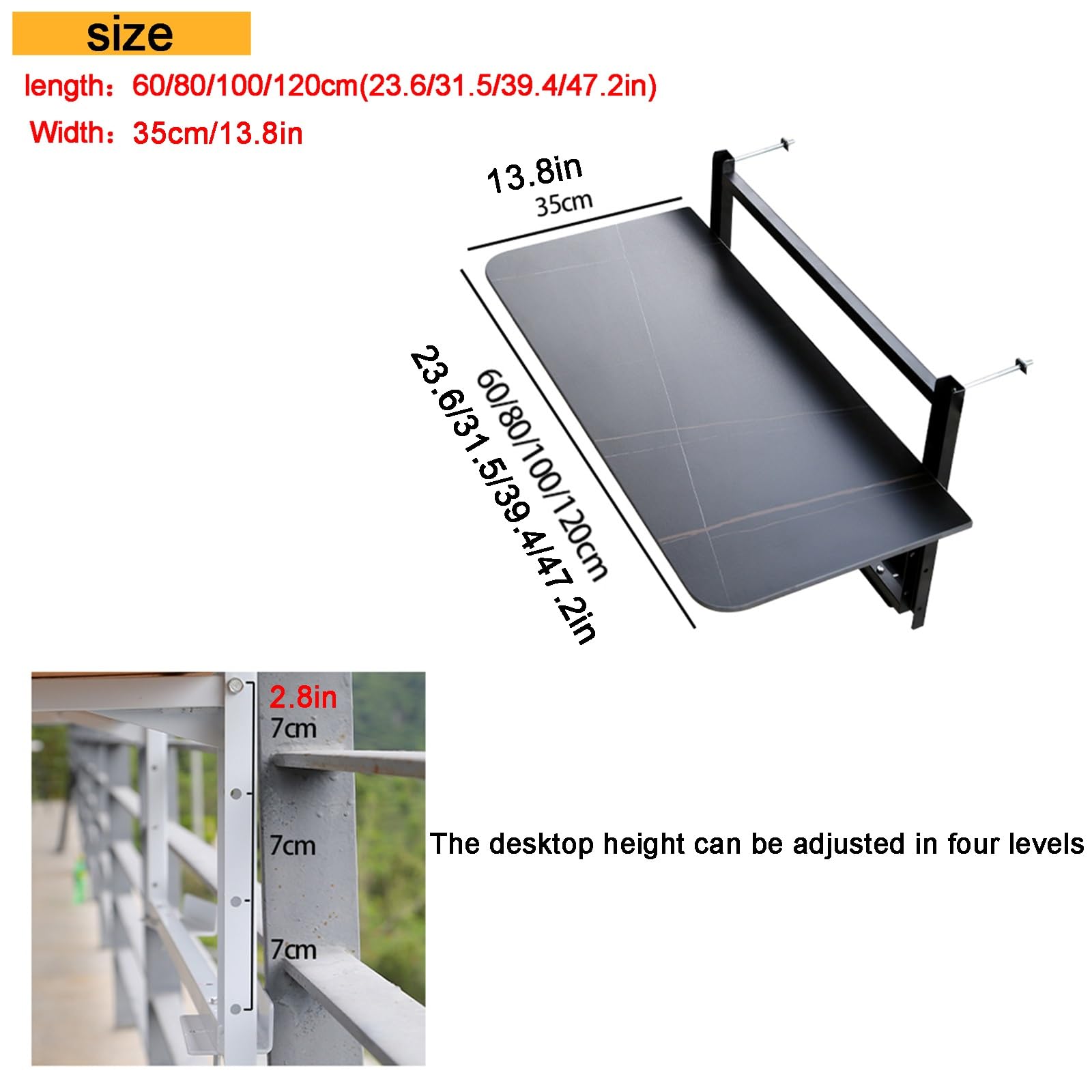Generico Ringhiera Pieghevole Regolabile per Balcone e terrazza - Altezza a 4 Livelli, bancone da Portata Nero per Interni/Esterni, Perfetto per patii e balconi (L100*W35 cm)