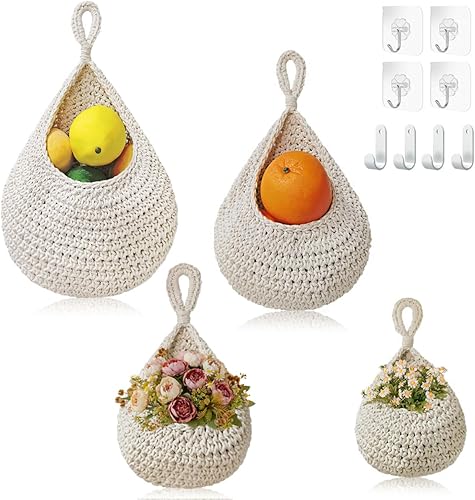 Miniatura 8 de Paquete de 4 cestas colgantes de frutas para cocina, cesta bohemia para colgar en la pared con 8 ganchos fuertes, cesta colgante 100% tejida a mano