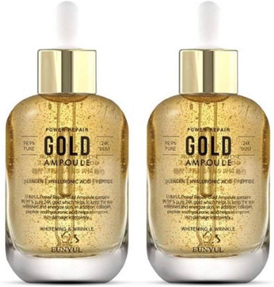 Eunyul Power Repair Gold Ampoule 99.9% Pure, 24K Dust, Collagan Hyaluronic Acid Peptide, Whitening & Wrinkle, 50ml / 1.8 fl oz 2pcs
