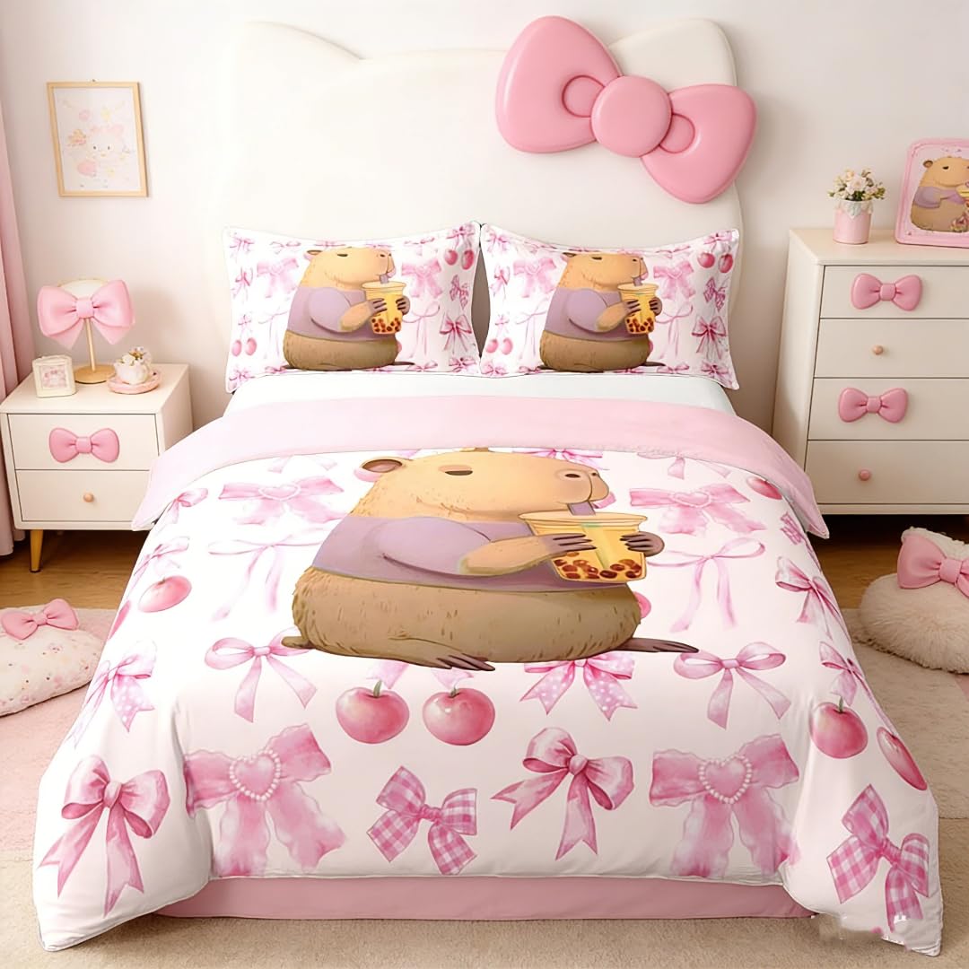 Loussiesd Girls Pink Bow Double Duvet Cover Capybara Bedding Set for Kids Cute Sweet Hearts Comforter Cover Animal Kawaii Cherry Bedspread 3Pcs Room Decor โ image 1