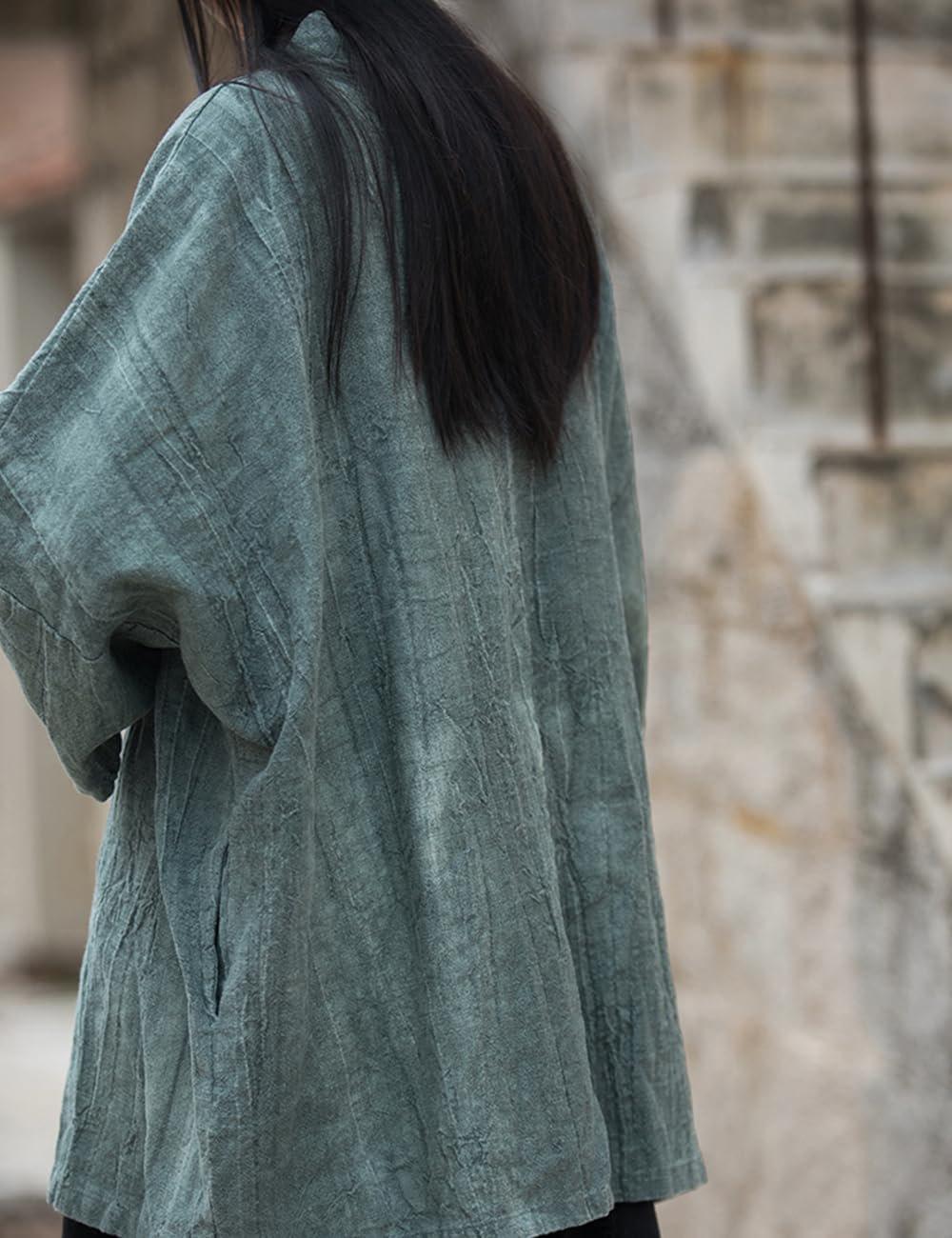 NFYM Women's Long Sleeve Open Front Kimono Hanten Jacket Cotton Linen Vintage Tie Dye Hanfu Self-Tie Cardigan Outerwear