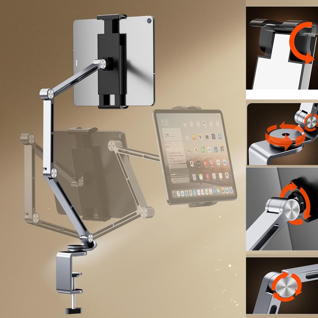 Soporte para tableta para iPad, soporte plegable para tableta de brazo largo de aleación de aluminio, con base giratoria de 360°, compatible con pantalla de 4,7-16 pulgadas, iPad, Kindle (gris)