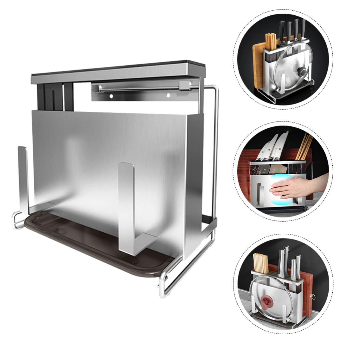 POPETPOP Support de Rangement en Acier Inoxydable pour Couteaux et Baguettes Planche à Découper et Porte-couvercle, Facile à Nettoyer Organiser Cuisine