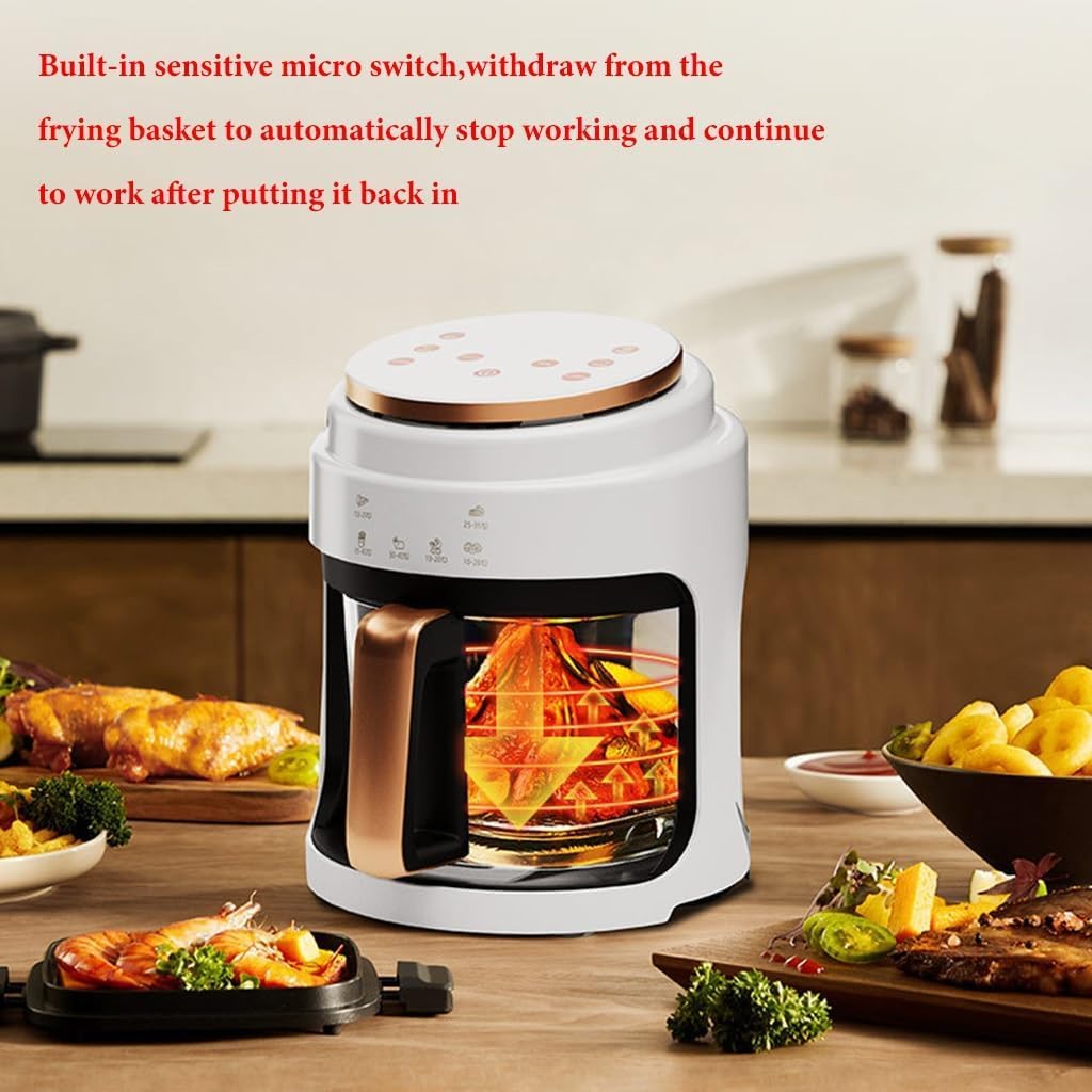 TEMKIN 4L Digital Air Fryer with basket pulled out, showing auto-pause feature