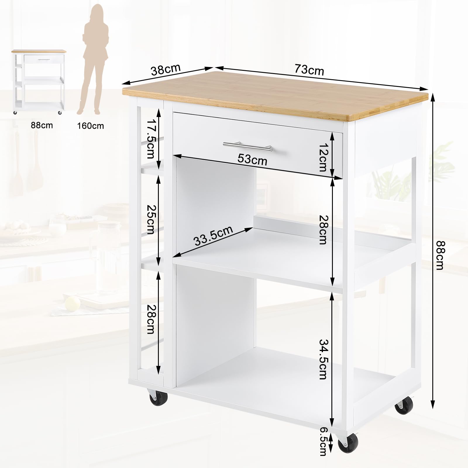 WOLTU Carrito Cocina de 3 Estantes y 1 Cajon Grande, Carro Camarera con Ruedas, Estanteria de Almacenamiento Estilo Moderno, para Cocina, Salón y Comedor, 73x38x88 cm, Color Bambú + Blanco, RW051eiw