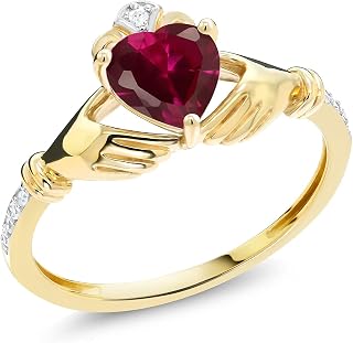10K Yellow Gold 6MM Heart Shape Gemstone Birthstone and White Diamond Irish Celtic Claddagh Engagement Ring | Gold Ring For Women | Available In Size 5, 6, 7, 8, 9