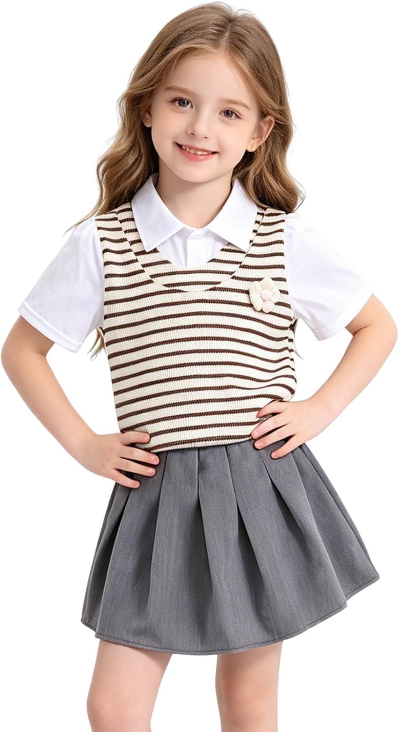Girls Summer Outfit Fake 2 Piece Knitting Polo Shirt with Pleated Preppy Skirt Striped High Elastic Clothing Set