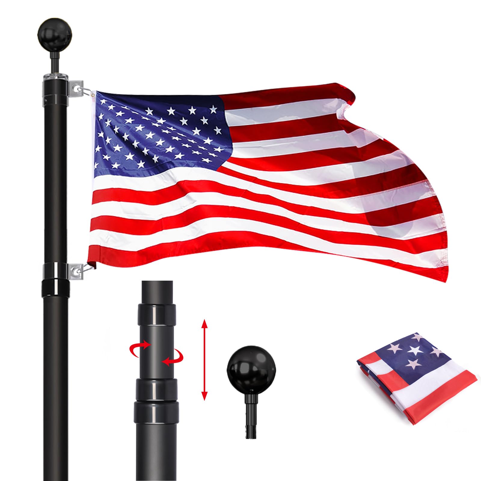 20FT Telescoping Flag Pole Kit, 14 Gauge Heavy Duty In Ground Telescopic Flag Poles with 3x5 American Flag, Outdoor Old Glory Flagpole Kits for Outside, Yard, Residential or Commercial