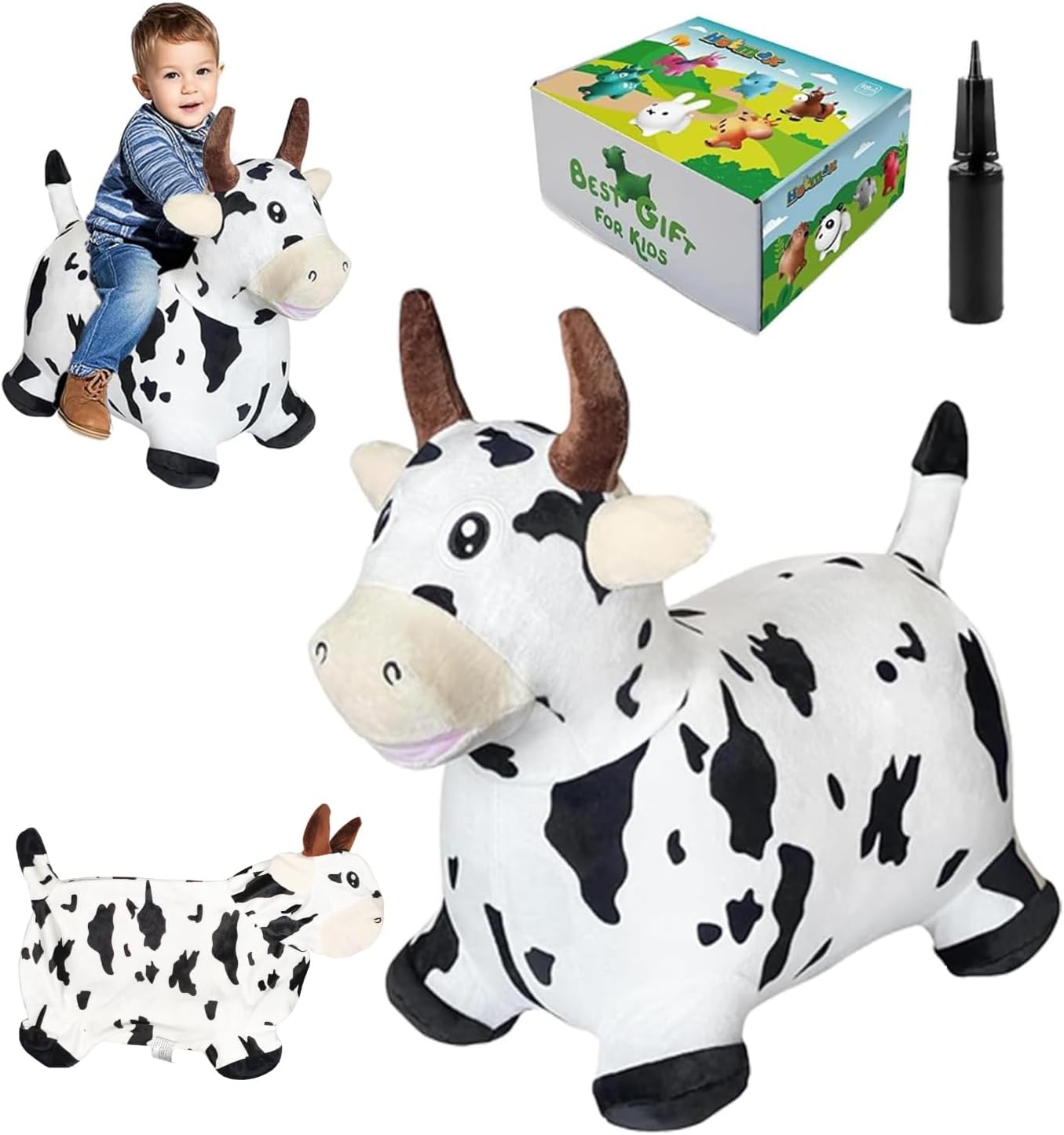 HotMax Bouncy Cow Hopping Toy, Removable Inflatable Plush Bouncing Horse for Toddlers, Outdoor Ride on Bouncy Farm Animals, Birthday Gift for 18 Months 2 3 4 Year Old Boy or Girl