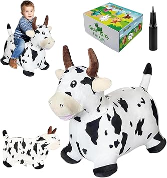 HotMax Bouncy Cow Hopping Toy, Removable Inflatable Plush Bouncing Horse for Toddlers, Outdoor Ride on Bouncy Farm Animals, Birthday Gift for 18 Months 2 3 4 Year Old Boy or Girl