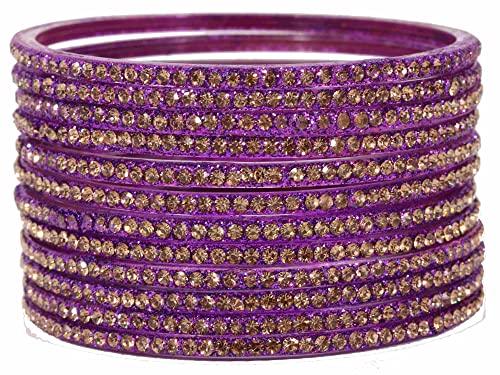 Image of NMII Glass with Zircon Gemstone and Beads Studdded Glossy Finished Traditional Bangle Set For Women and Girls