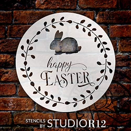 Miniatura 2 de StudioR12 - Plantilla redonda para decoración del hogar, diseño con texto en inglés "Happy Easter Round con conejito" de StudioR12  Decoración para