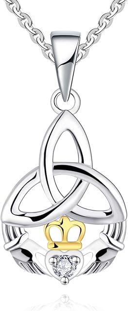 JO WISDOM Women Necklace,925 Sterling Silver Irish Celtic Claddagh Love Heart Pendant Necklace with AAA Cubic Zirconia