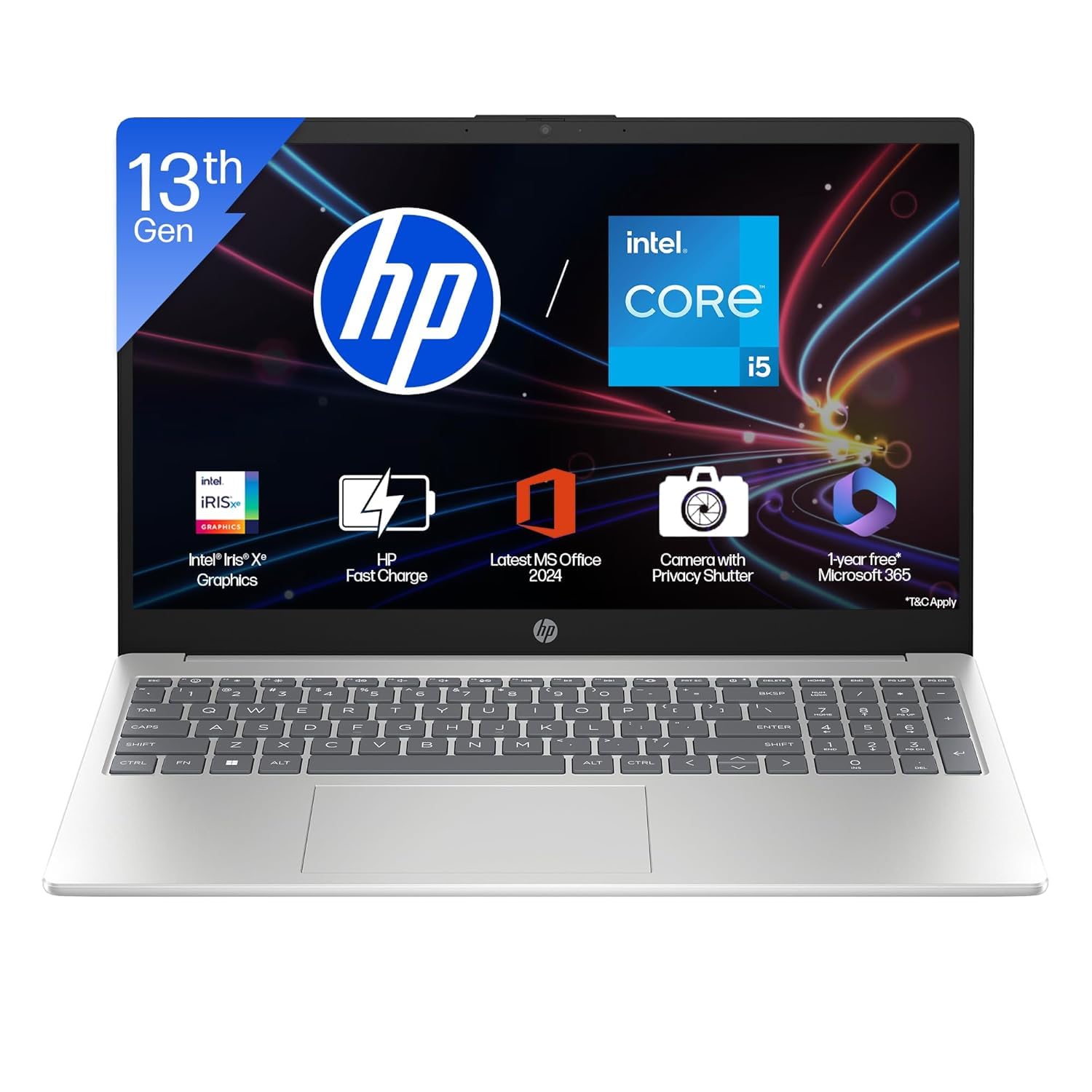 HP Laptop 15, Intel Core i5-1335U-13th Gen, (16GB DDR4,512GB SSD) Anti-Glare, Micro-Edge, FHD, 15.6”/39.6cm, Win11, M365 Basic(1yr)* Office24, Silver, 1.59kg, Iris Xe, FHD Camera w/Shutter HP Laptop 15, Intel Core i5-1335U-13th Gen, (16GB DDR4,512GB SSD) Anti-Glare, Micro-Edge, FHD, 15.6”/39.6cm, Win11, M365 Basic(1yr)* Office24, Silver, 1.59kg, Iris Xe, FHD Camera w/Shutter