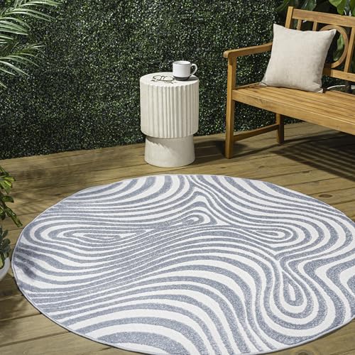 JONATHAN Y Maribo High-Low Abstract Striped Light Blue/Ivory 8' Round Indoor/Outdoor Area Rug, Pet Friendly, Non-Shedding, Stain Resistant, Easy-Cleaning for Backyard, Patio, Porch (SCN103C-8R)