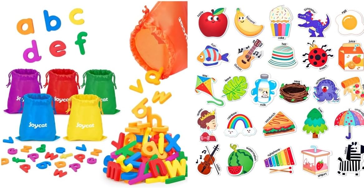 JoyCat Magnetic Letters, 312 Pieces Lowercase Alphabet Fridge Magnets + 26 Cute A-Z Objects, Large Magnetic Refrigerator Toys