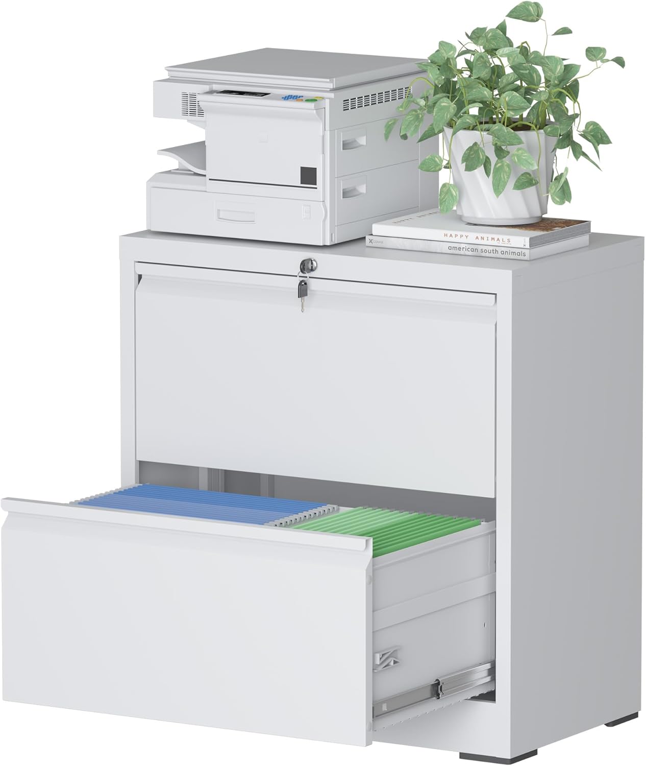 File Cabinet with Lock, 2 Drawer Filing Cabinets for Home Office, Metal Heavy Duty Lateral File Cabinet for Hanging Letter/Legal/F4/A4 Size Files, Assembly Required (White)