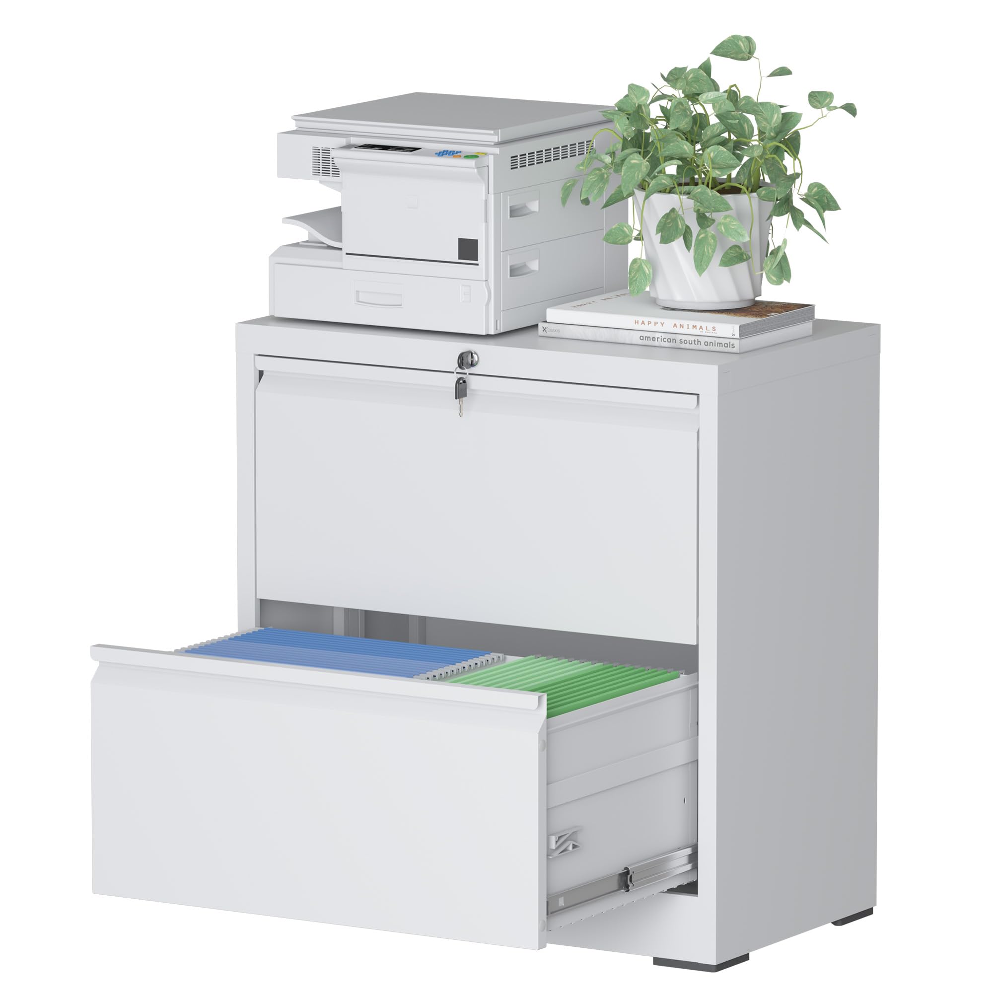File Cabinet with Lock, 2 Drawer Filing Cabinets for Home Office, Metal Heavy Duty Lateral File Cabinet for Hanging Letter/Legal/F4/A4 Size Files, Assembly Required (White)