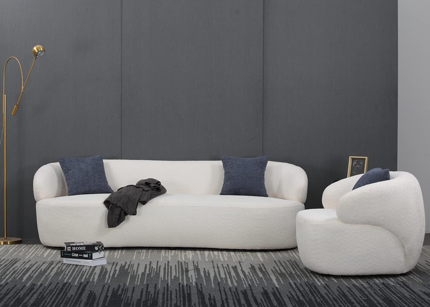 Curved Sofa Boucle Couch Luxury 3 Seater Round Sofa with Single Swivel Sofa Chair Modern Sectional Couches for Living Room Office Upholstered Small Cream CouchTufted Sofa Set (Beige)