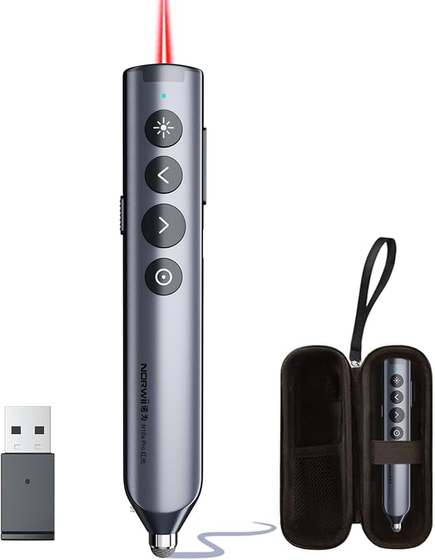Bluetooth PowerPoint Presentation Clicker with Stylus Pen for Touch Screen | ①Red laser Pointer②Metal Housing③Magnifier/Highlight/Mouse Left Click④TV Screen & Projector Clicker⑤Built-in Storage Receiver