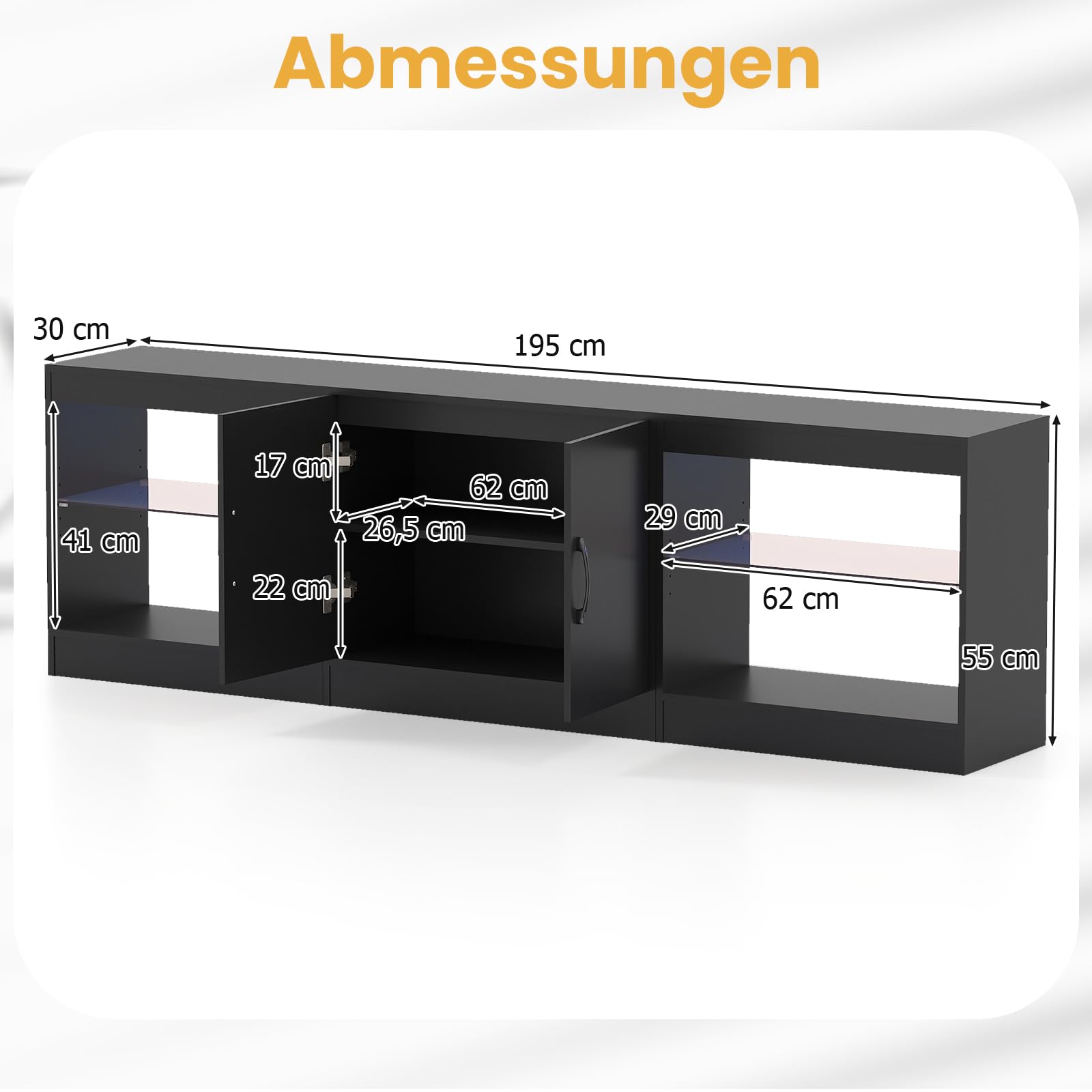 COSTWAY 3- in-1 TV-Schrank, Fernsehtisch für Fernseher bis zu 85 Zoll, 195 cm lang Lowboard mit LED Beleuchtung & verstellbaren Glasregalen für Wohnzimmer, Schlafzimmer, Esszimmer (Schwarz)