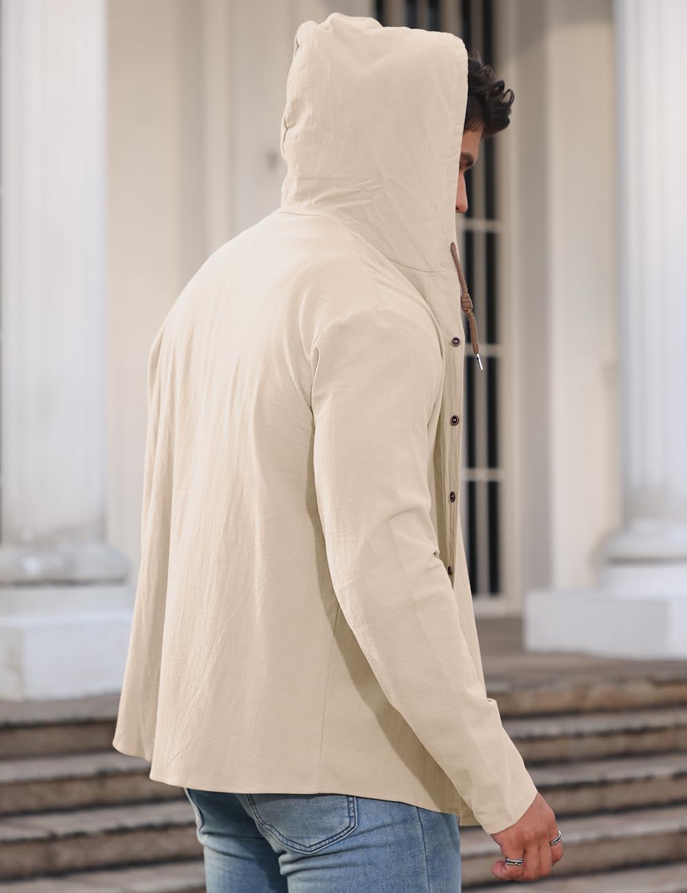 Mens Cotton Linen Button Down Hoodies Long Sleeve Casual Hoodies Hawaiian Beach Top Lightweight Fashion Shirts - Image 5