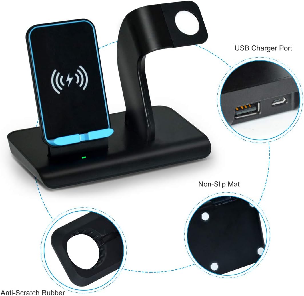 Wireless Charger, ASPECTEK Qi Wireless Charging Stand with Adapter Compatible for iPhone X/XS Max/XR/8/Plus Samsung Galaxy S9/S8/2 in 1 Charger Station Holder Compatible for Apple Watch Series 2, 3