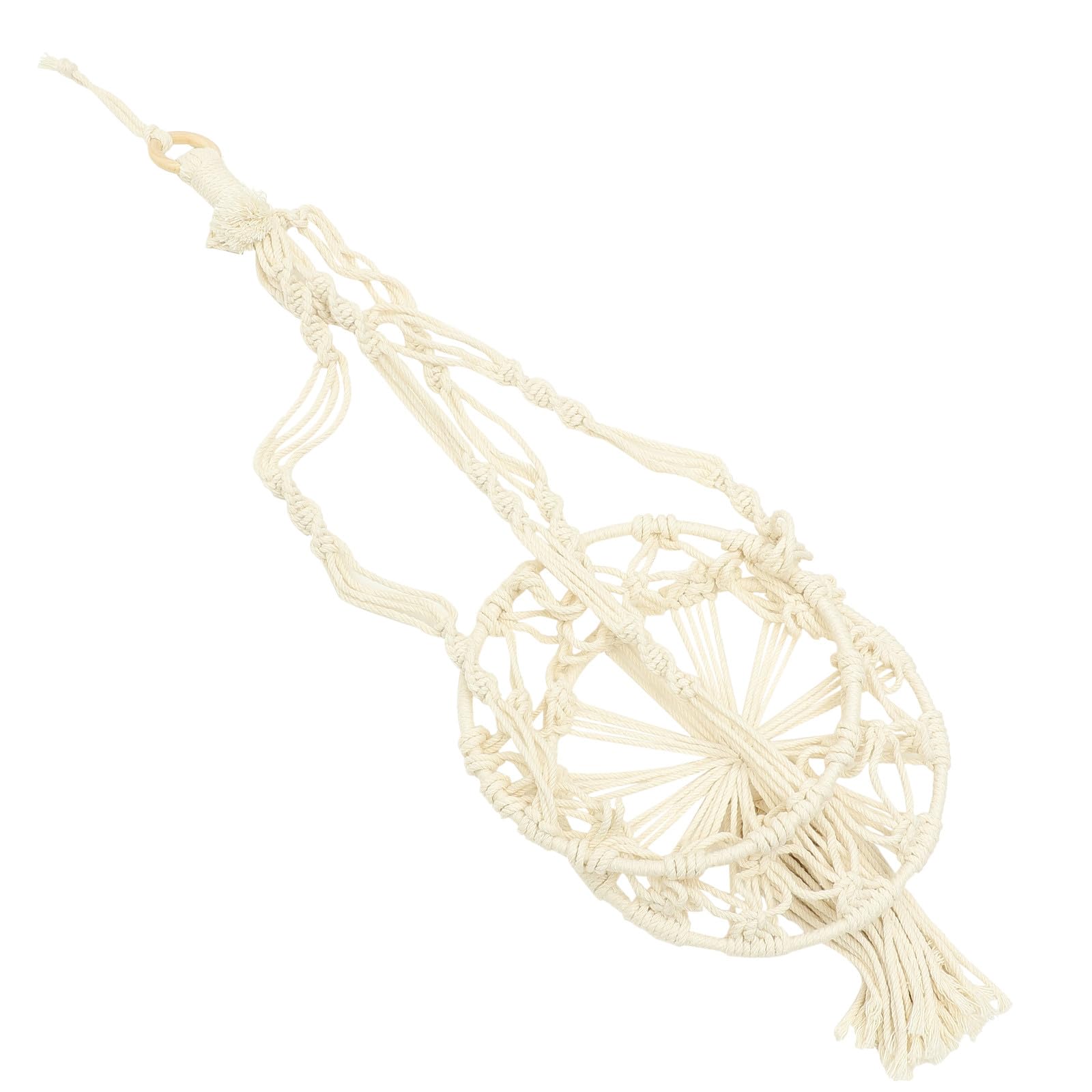 Cesta colgante de macramé y madera para almacenar frutas y verduras en cocinas rústicas