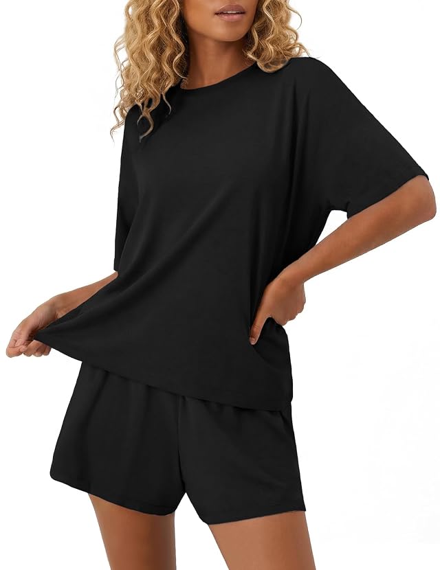 Ekouaer Pajama for Women Viscose from Bamboo 2 piece Lightweight Summer Pj Soft Short Sleeve Matching Lounge sets