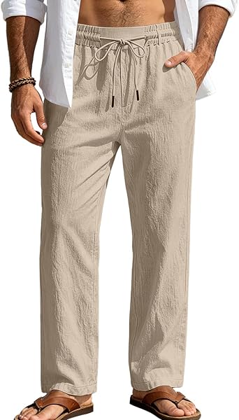 Mens Linen Pants Casual Pants Elastic Waist Drawstring Summer Lightweight Beach Loose Fit Trouser with Pockets