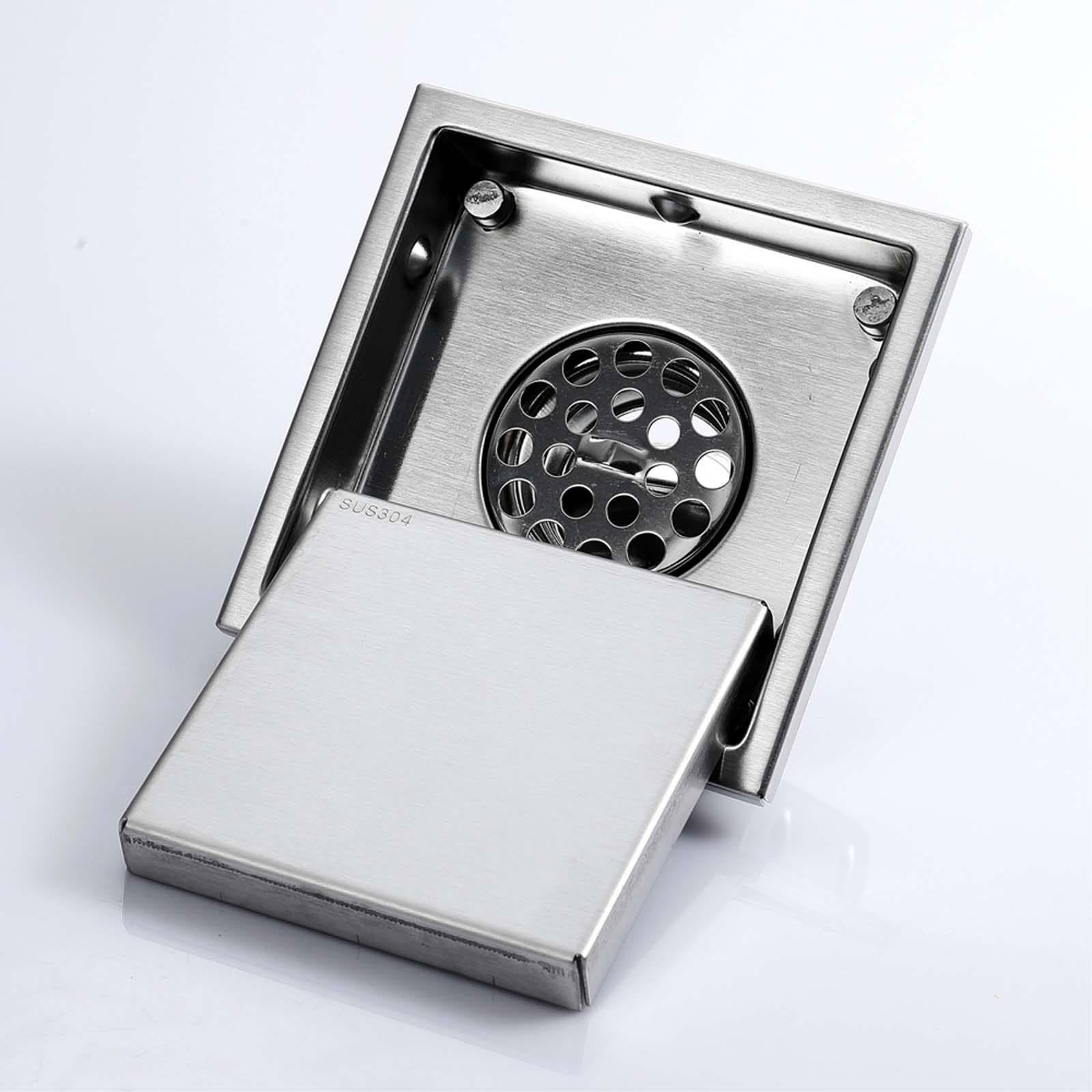 Bonde Douche Acier Inoxydable Siphon Douche Carré Bonde de Douche Caché Bonde Douche Extra Plate Couleur Brossée Siphon de Sol 150 * 150mm Convient pour Balcon, Salle de Bain, Cuisine