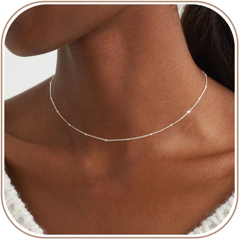 14K Gold/Silver Plated Satellite Choker Shining Dots Station Box Chain 3 Blue Beads Sparkle Chain Necklace Open Hearts Open Stars Link Chain Exquisite Jewelry