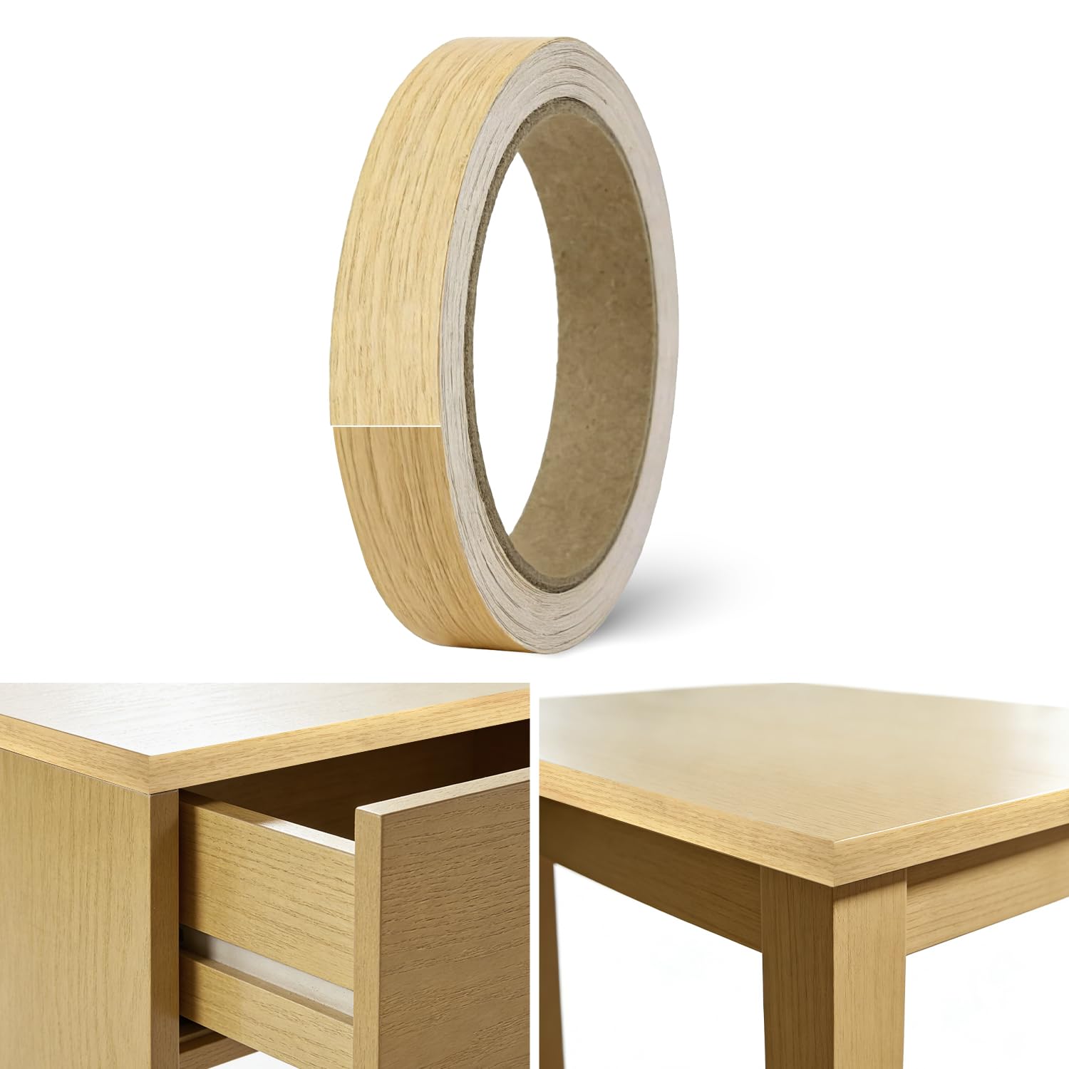 20mm Edging Tape, 10m Wood Veneer Self-Adhesive Wood Trim Pre Glued Edging Trim Grain Repair Tape for Furniture, Desks, Cabinets, Worktops (Light Oak)