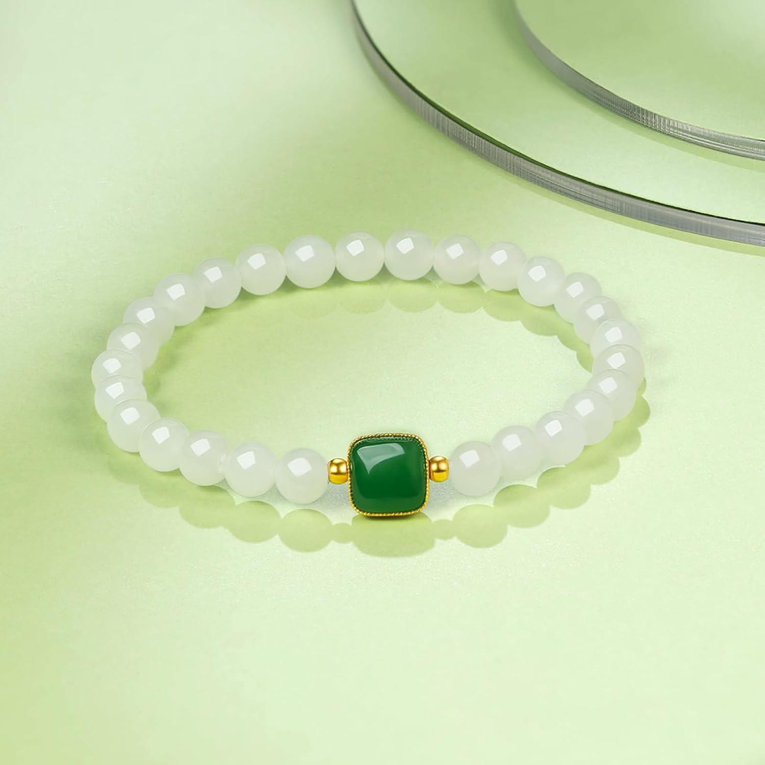 24K Solid Gold Bracelet for Women, Real Pure Gold Jewelry Green Jade Charm Gold White Jade Beaded Bracelet for Men Girlfriend (Square)