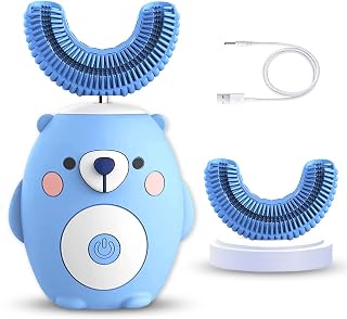 DORCAS Kids Toothbrushes U Shaped Electric Toothbrush, 360° Cleaning with 6 Ultrasonic Modes, IPX7 Waterproof, 45S Smart Reminder Toddler Toothbrush(Cartoon Blue Bear, Ages 2-7)