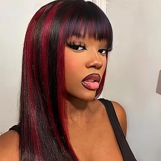 Black Mix Red Wig with Bangs for Women Long Straight Black Red Wigs Natural Looking Heat Resistant Synthetic Wig for Daily Party Use