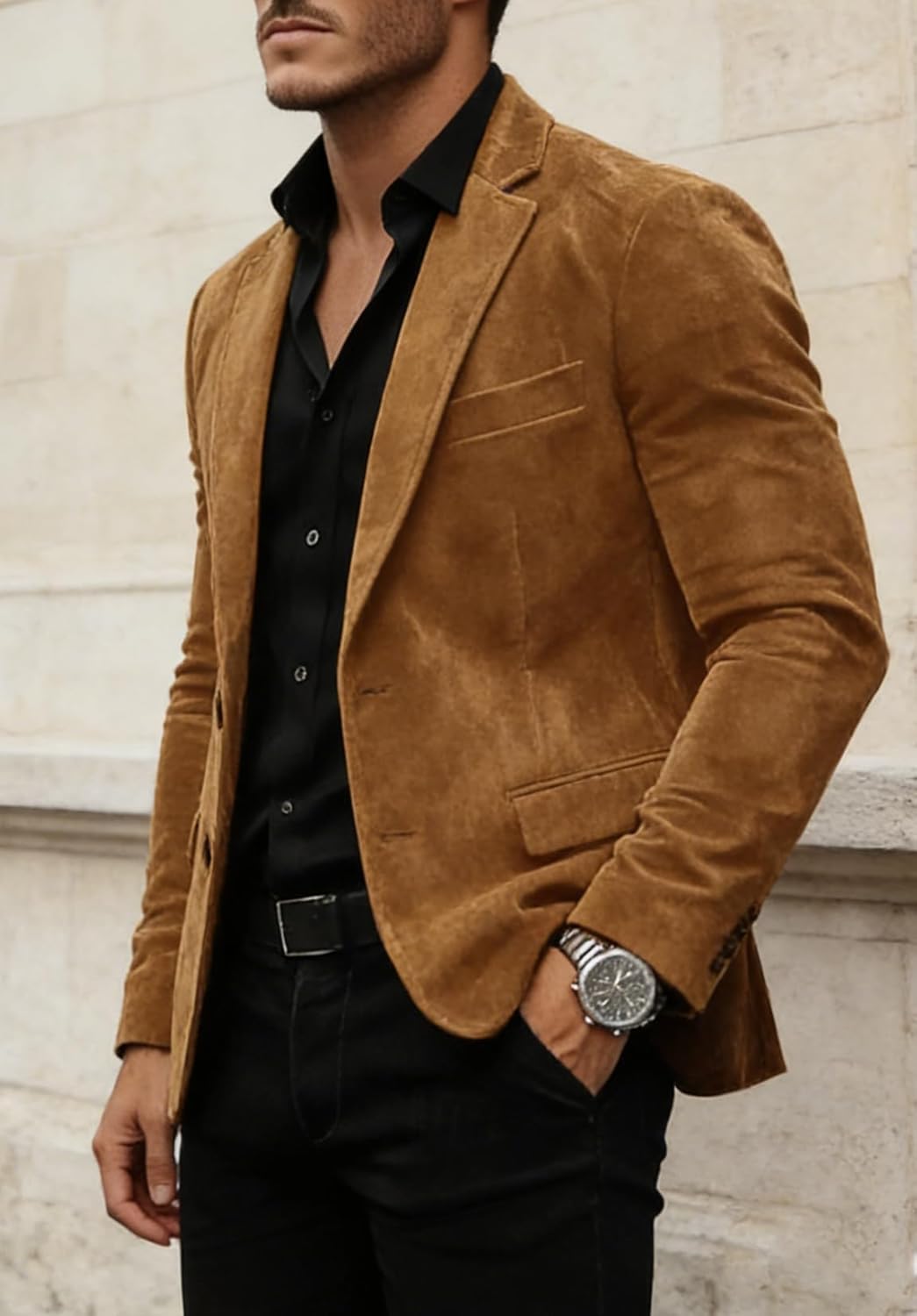 Men's Suede Jacket Casual Blazer 2-Button Business Party Coat - Image 3