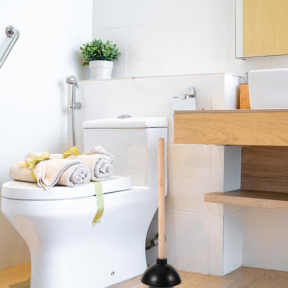 Desatascador de Inodoro Multiuso de Goma y Madera 2 Piezas Resistente para Limpieza en Baño y Lugares Públicos