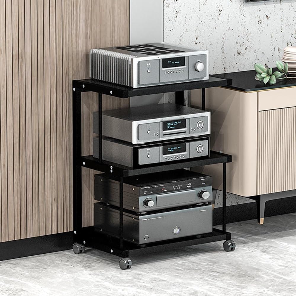 3-Tier Rolling AV Media Stand, Stereo Cabinet & Corner Shelf, Audio/Video Storage for Living Room, Home Theater, Meeting Room - Black (50x40x70cm)