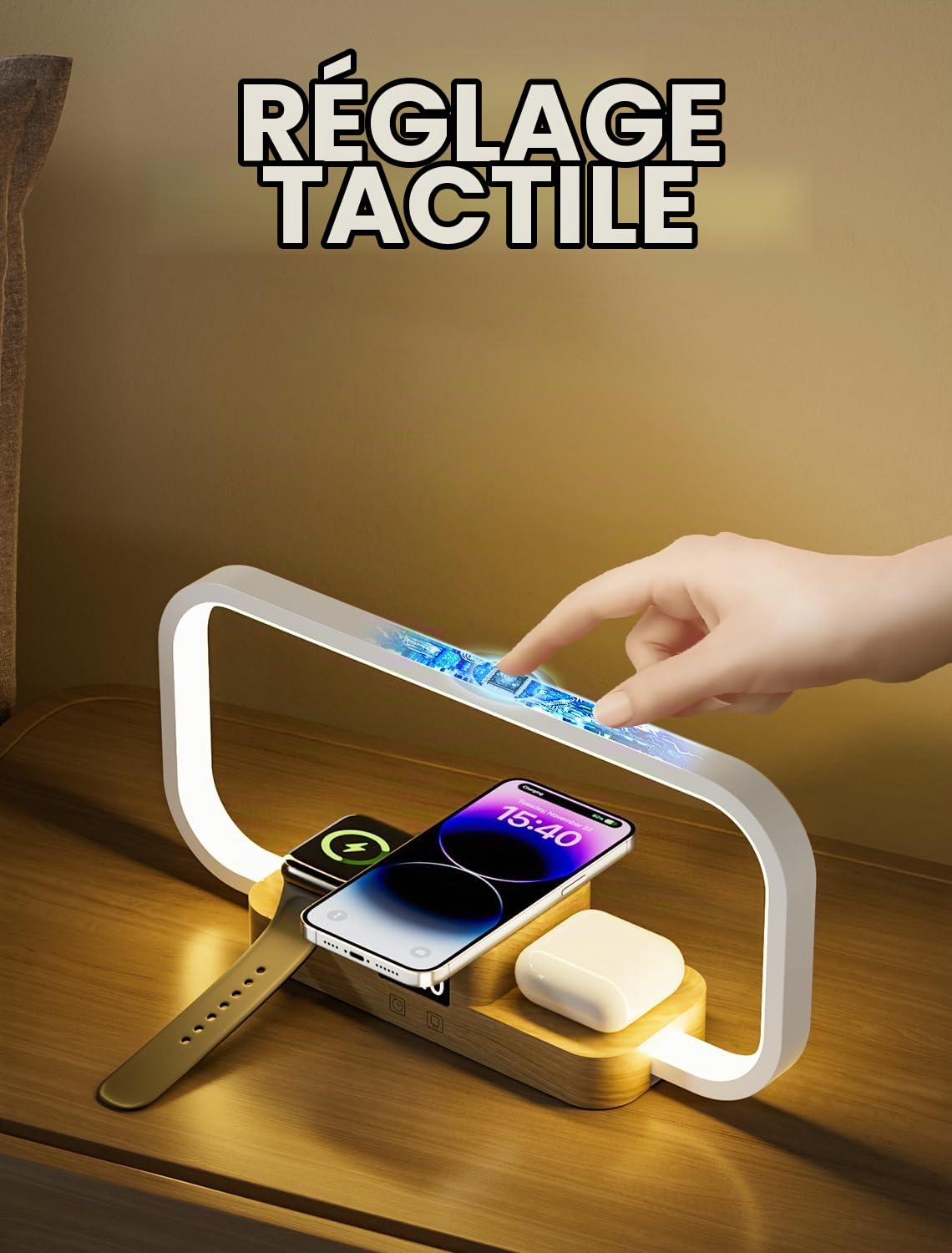 Lampe de Chevet Chargeur sans Fil, Lampe de Table Dimmable 5 Couleurs à Commande Tactile, Lampe Bureau avec Horloge et Port USB, pour Lecture Chambre Bureau, Blanc