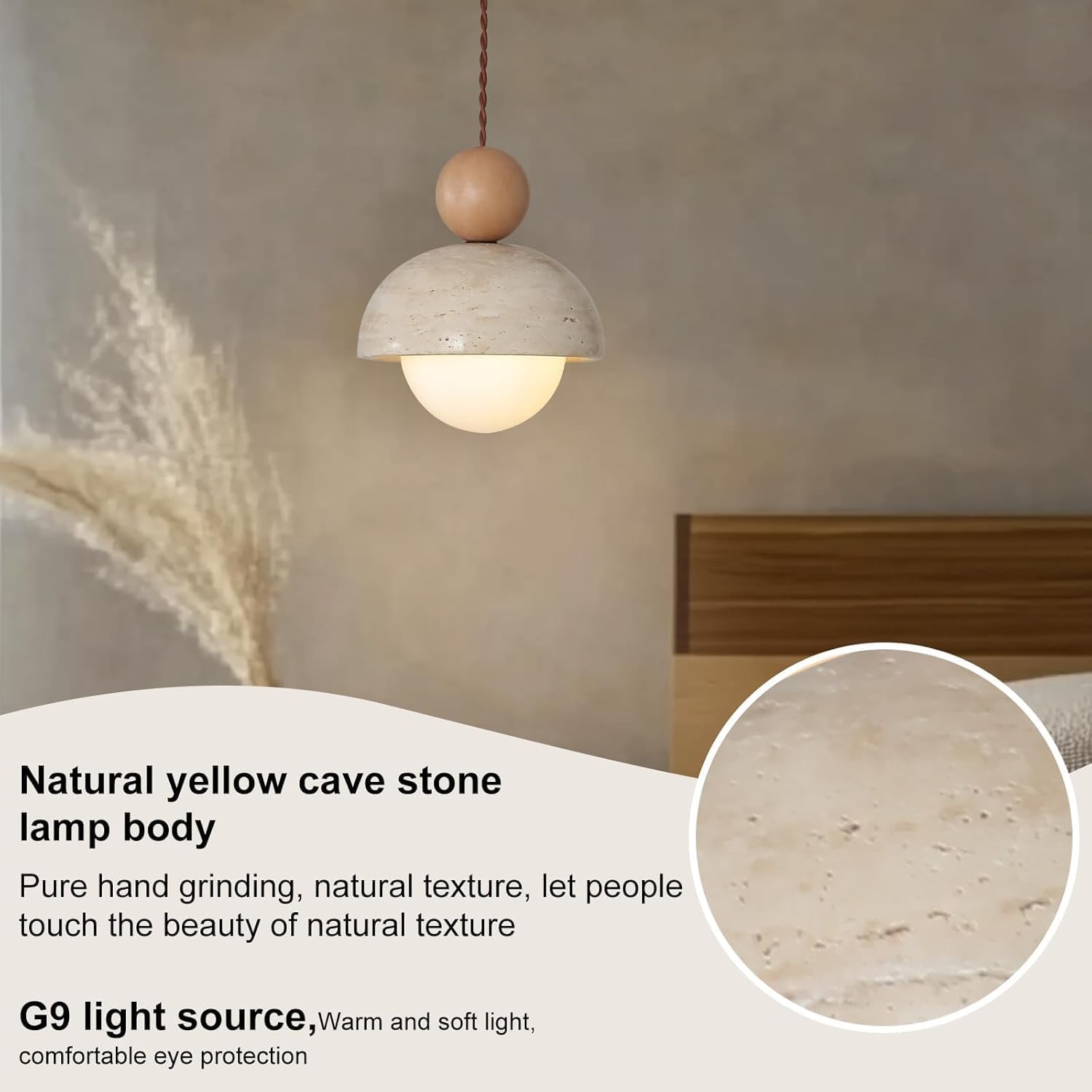 7.1inch Wabi Sabi Natural Stone Pendant Light Travertine & Wood Hanging Light Round Nordic Mini Pendant Lamp G9 for Kitchen Island teahouse Dining Room Bedroom