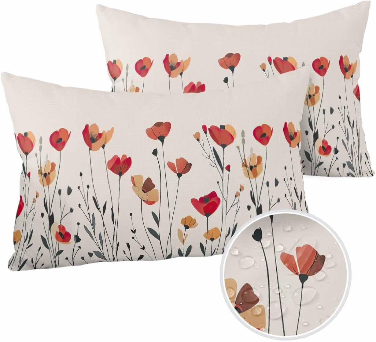 Red Yellow Spring Floral Waterproof Outdoor Throw Pillow Covers 26''x26'' Pack 2, Pillow Cases Throw Cushion Cover with Hidden Zipper Modern Abstract Art Washable Pillowcase for Poolside Sofa
